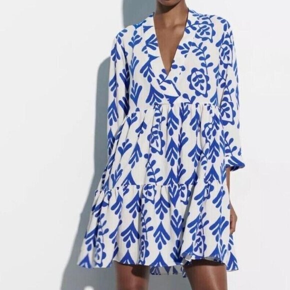 Zara Blue White Bold Print Tiered Swing Dress Sz M - Picture 1 of 11